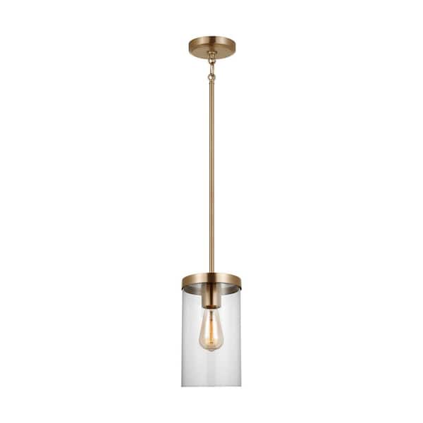 Generation Lighting Zire 1-Light Satin Brass Dimmable Shaded Pendant with Clear Glass Shade