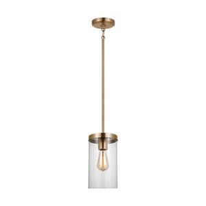 Zire 1-Light Satin Brass Dimmable Shaded Pendant with Clear Glass Shade and LED Bulb