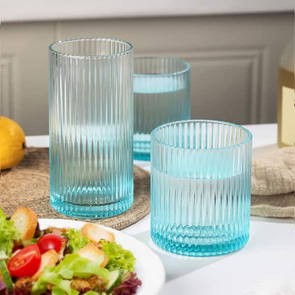 Wudkey 10 oz. and 12 oz. Blue Ribbed Highball Glasses Set of 8, Tumbler Cups for Cocktails and Entertaining, Dishwasher Safe