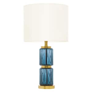Milo 19.5 in. Gold-Tone Metal and Blue Glass Table Lamp with White Fabric Drum Shade