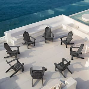 Hampton Curveback Black Recycled HDPS Plastic Outdoor Patio Adirondack Chair with Cup Holder Fire Pit Chair Set of 8