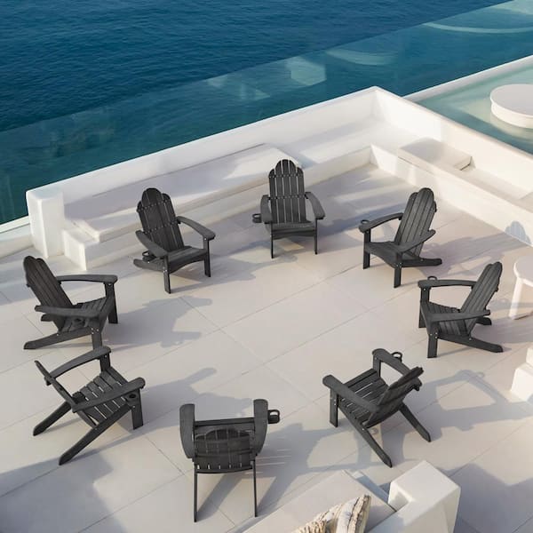 LUE BONA Hampton Curveback Black Recycled HDPS Plastic Outdoor Patio Adirondack Chair with Cup Holder Fire Pit Chair Set of 8