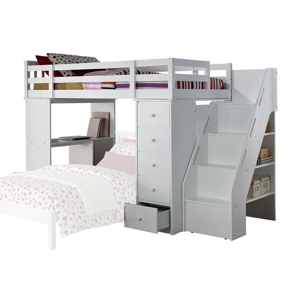 White Twin Loft Bed with Bookcase and Storage Drawers