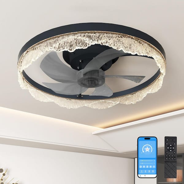 24 in. Smart Indoor Black Low Profile Standard Crystal Style Ceiling Fan with 3 Color Temperature and App Remote Control