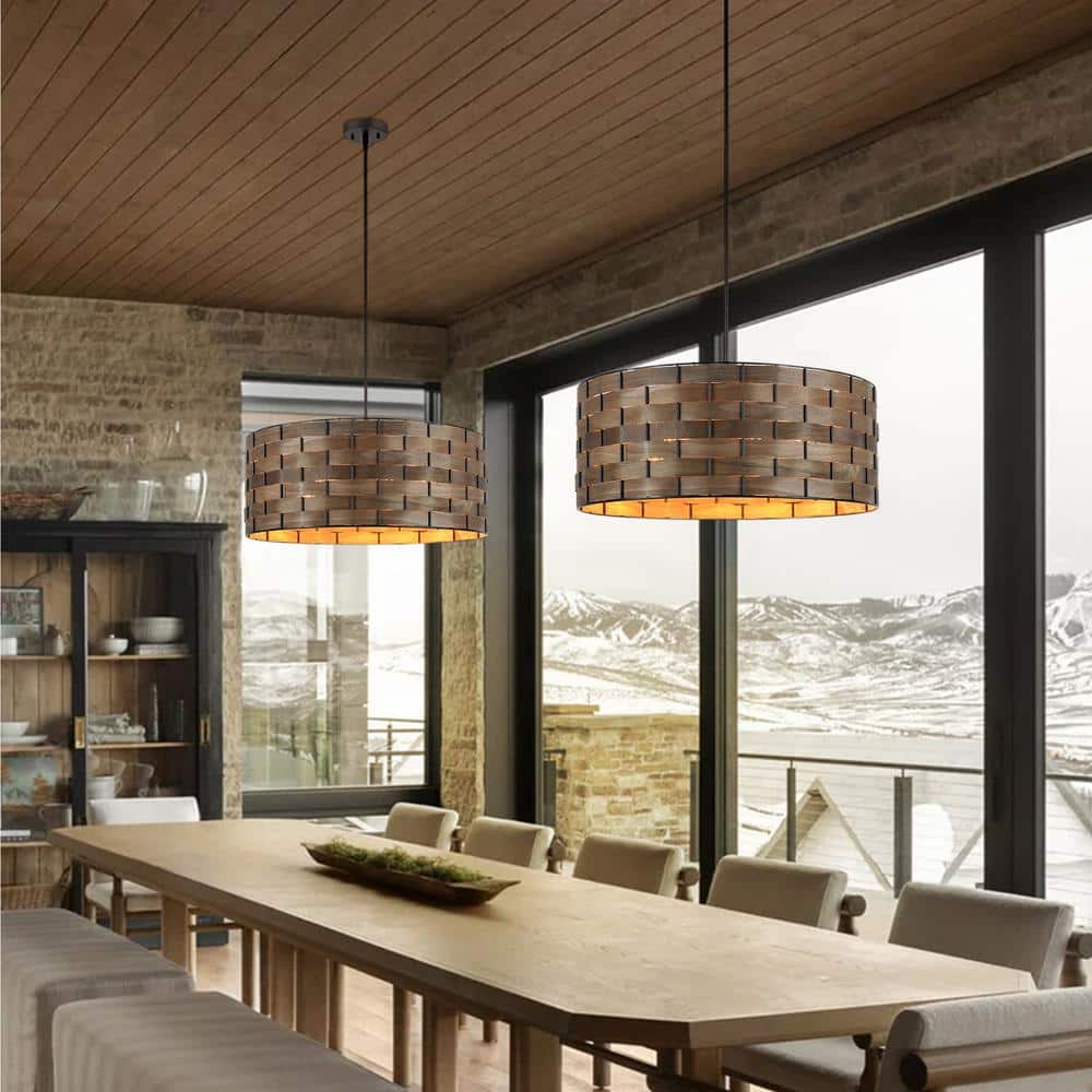 Walnut Wood Veneer Drum Pendant Chandelier with Black Metal Frame