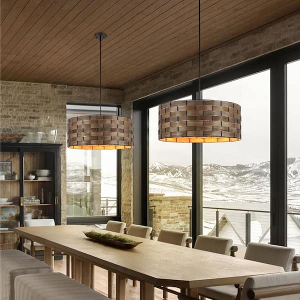 Nimbus 22 in. 5-Light Wood Veneer Drum Pendant Chandelier Light with Black Hardware and Adjustable Height