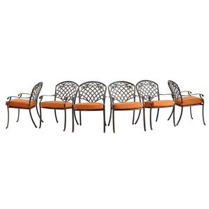 Copper-Colored Backrest Cast Aluminum Diagonal-Mesh Vines Outdoor Dining Chairs with Orange Cushions (Set of 6)