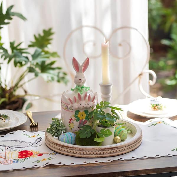 White Washed 12 in. Bead Round Wooden Serving Tray, Rustic Farmhouse Decor Centerpiece for Living Room Kitchen Counter