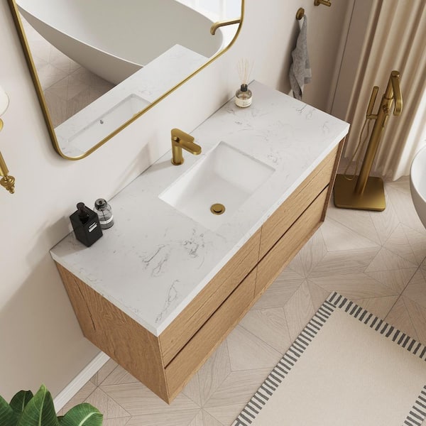 Aeroline 48in. W x 19.29in. D x 25.59in. H Single Sink Float Natural Oak Bath Vanity with Sar White Engineered Stone Top