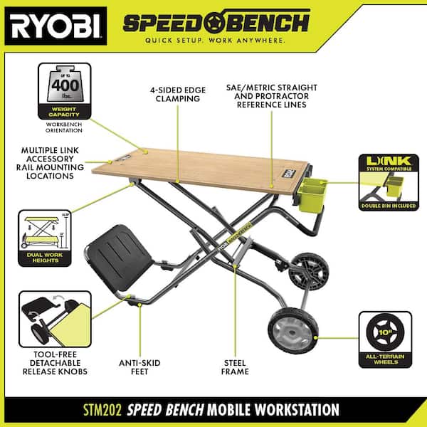 RYOBI - SPEED BENCH 23 in. W x 20 in. D Mobile Workstation with LINK 12-Compartment Small Parts Organizer