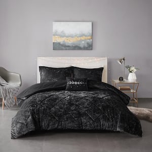 Isabel 4-Piece Black Velvet Full/Queen Soft Velvet Lustrous Comforter Set with Throw Pillow