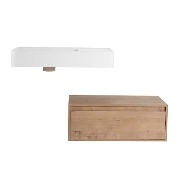 Ziyudura 30 in. Single Sink Floating Oak Bath Vanity with White Resin Top (Assembled), Adjustable Sink Height, Left Sink