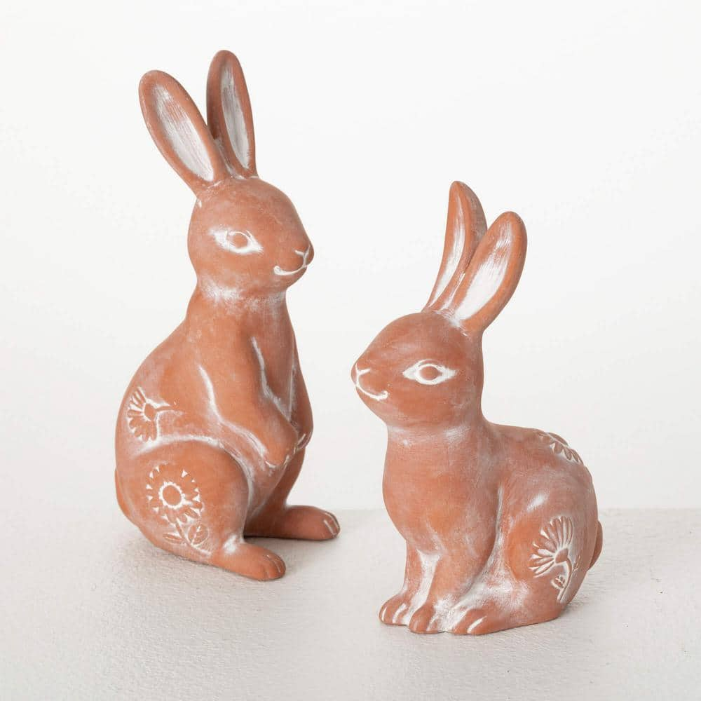 SULLIVANS 7 in. And 6 in. Terracotta Rabbit Figurine Set of 2, Brown