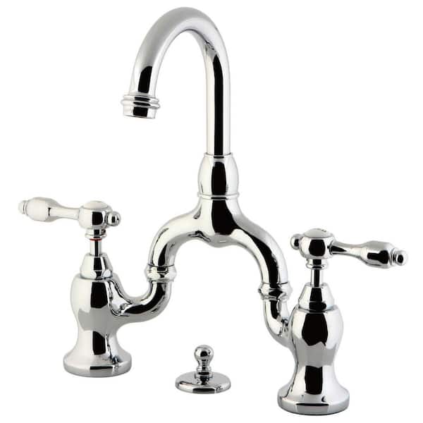 Kingston Brass Tudor 2-Handle High Arc 8 in. Bridge Bathroom Faucets with Brass Pop-Up in Polished Chrome
