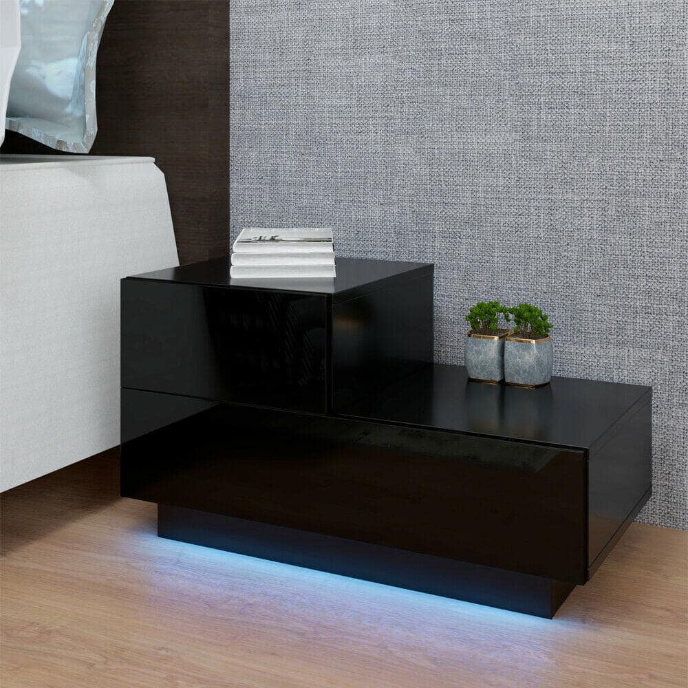 2-Drawer LED Black Nightstand 16.1 in. H x 27.6 in. W x 13.8 in. D -  WOODYHOME, SKUE03125