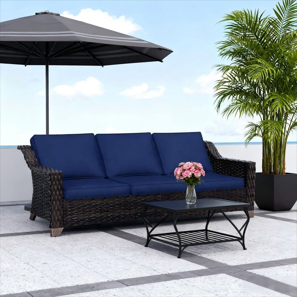 3 Seat Wicker Outdoor Sofa Patio Couch Sectional Couch with Deep Soft Seating and Dark Blue Cushions price history on PriceWatchPro