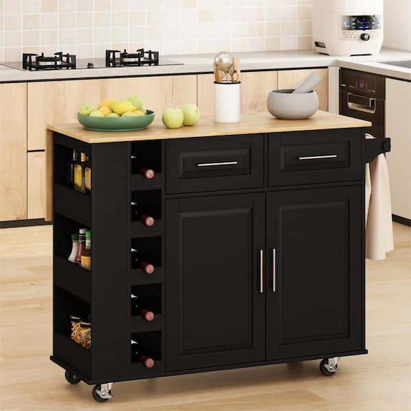 Runesay Black Wood 46 in. Kitchen Island with Drop Leaf, Wine Rack, 2 Door Cabinet and 2 Drawers
