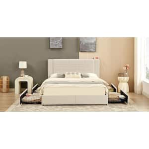 Upholstered Bed Beige Metal Frame Full Platform Bed with USB Charging, Drawers and No Boxspring Needed, Easy Assembly