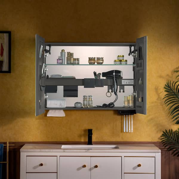 35.5 in. W x 27.5 in. H Rectangular Aluminum Surface-Mount Bathroom Medicine Cabinet with Mirror and LED Light in Gray