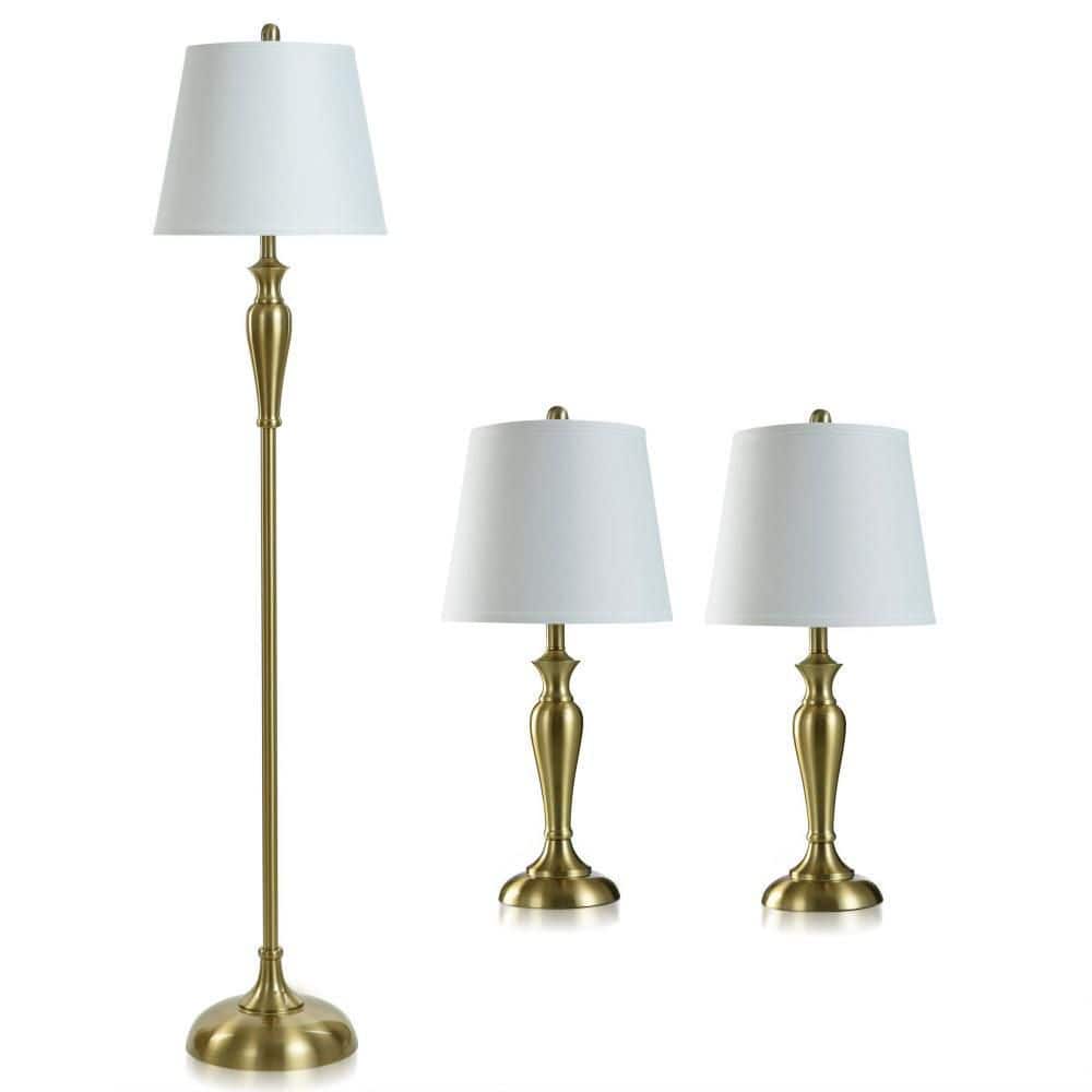 StyleCraft Antique Brass Set 61 in. Antique Brass Floor and Table Lamp with Linen Shade -  KHL82798DS