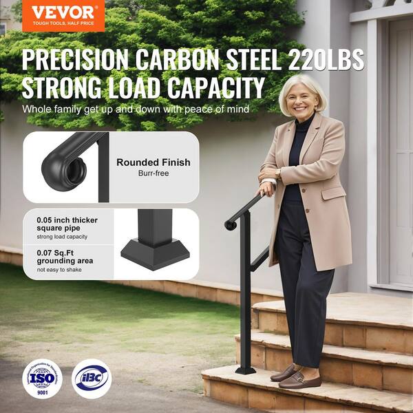 VEVOR Handrails for Outdoor Steps 2-3 Step Stair Hand Rail Indoor Railing Kit Railings for Steps Black 35.6 in. H x 3.3 in. W