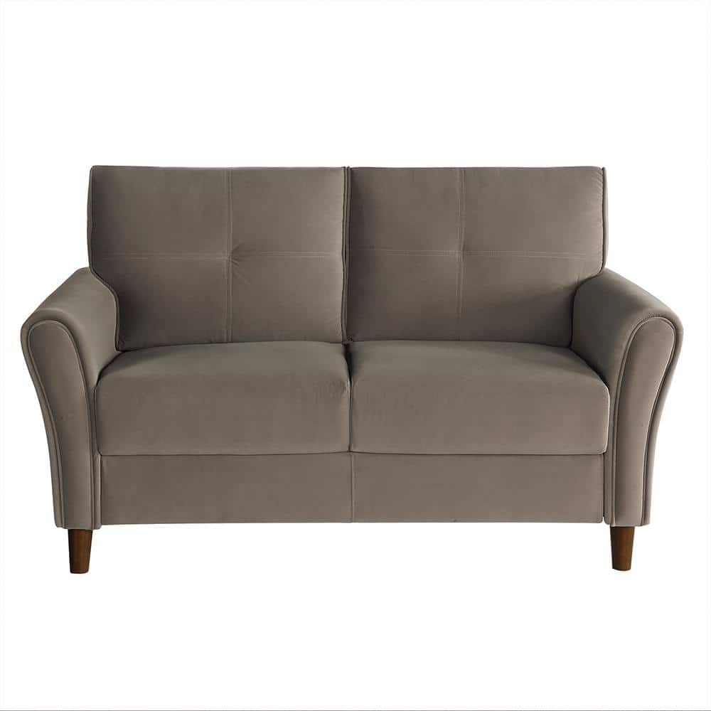 Brown Velvet Tufted Loveseat with Flared Arms and Wood Frame