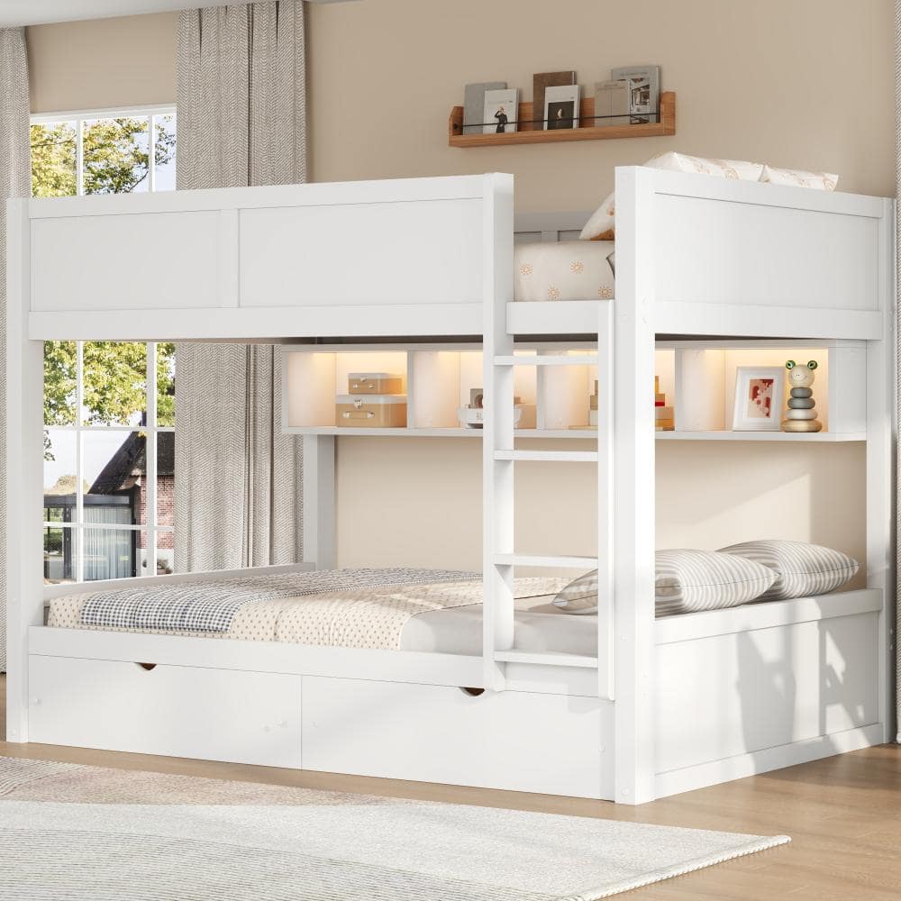 White Wood Full XL over Full XL Bunk Bed with Storage Cabinets,LED Light and 2 Drawers price history on PriceWatchPro