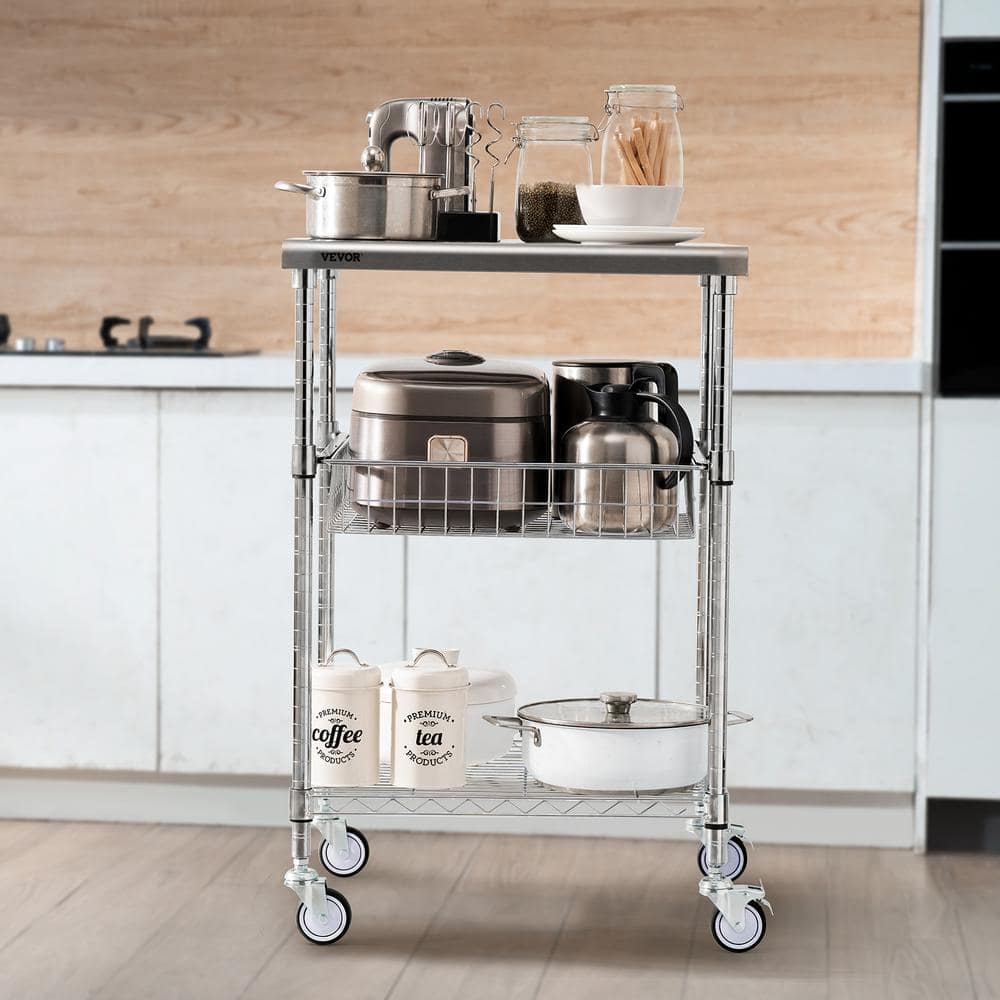 Silver 3-Tier Steel Utility Cart with Adjustable Shelves and Wheels