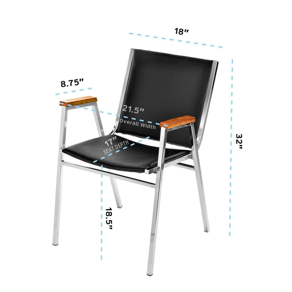 Black Vinyl and Metal Stackable Office Chair with Walnut Armrests