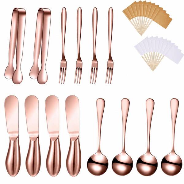 Rose Gold 14-Piece Charcuterie Board Accessories Set with Spreader Knives, Mini Tongs, Spoons and Forks