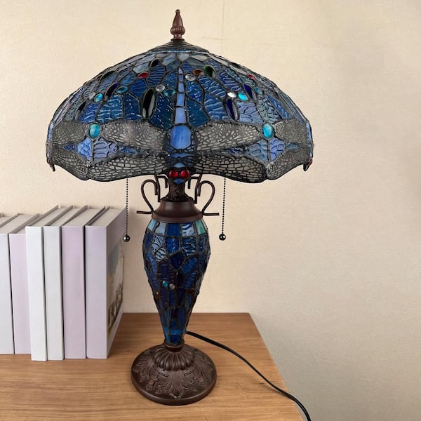 VINPLUS 24in. Dark Bronze Tiffany Table Lamp with Blue Dragonfly