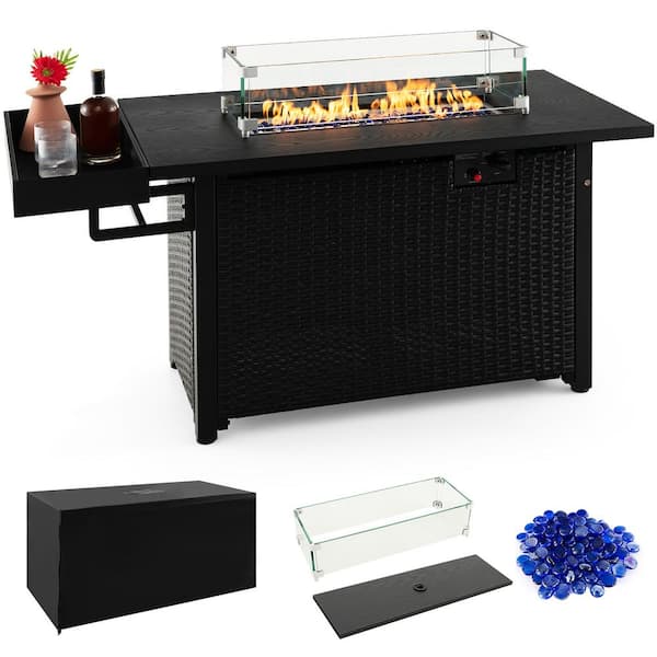 Gymax Black Wicker Outdoor Propane Gas Fire Pit Table 52 in. Propane Fire Pit with Wind Guard 50,000 BTU Heat Output