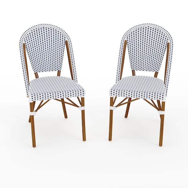 Lily Pond Natural Woodgrain Stackable Aluminum Outdoor Dining Chair in White/Navy, Set of 2