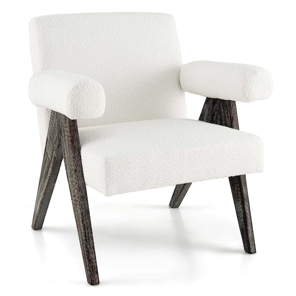 Costway White Wood Arm Chair with Natural Rubber Wood Legs