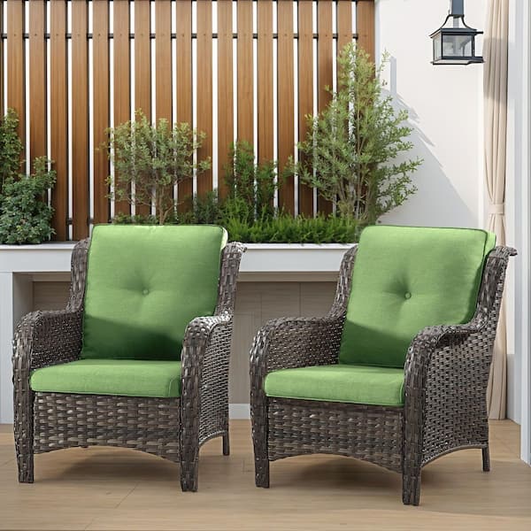 2-Piece Wicker Patio Outdoor Lounge Chair with Ergonomic Arm and Green Cushions
