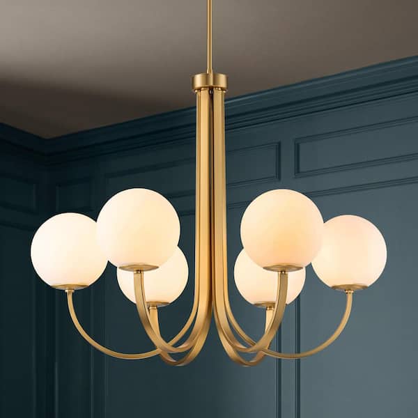 Sybil 6-Light 32.2 in. Modern Gold Linear Cluster Globe Chandelier with Frosted Opal Glass Shade