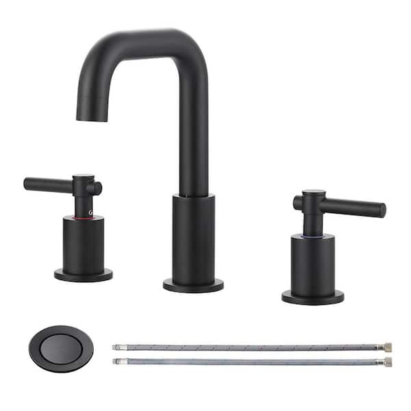 3 Hole 8 in. Widespread Double Handle High Arc Bathroom Faucet with Drain Kit Included and Supply Line in Matte Black