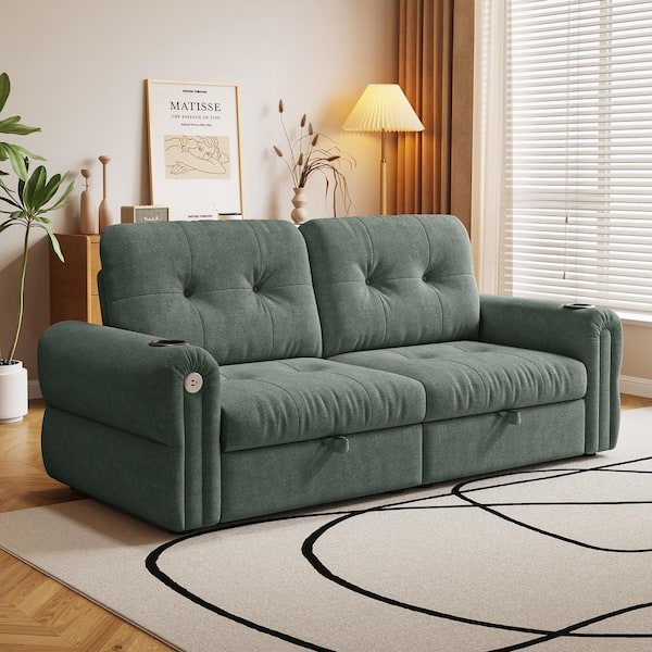 Uvo Modern 77 in. Green Tufted Chenille Upholstered Queen Size Convertible Sofa Bed with Cup Holders and Charging Port