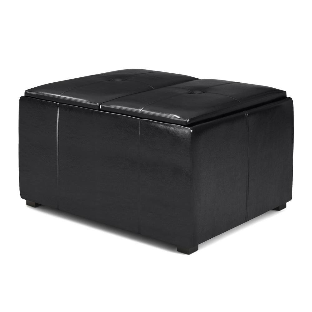 Midnight Black Tufted Faux Air Leather Cocktail Ottoman with Tray