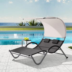1-Piece Patio Double Outdoor Chaise Lounge in Gray with Sun Shade Canopy, Wheels and Headrest