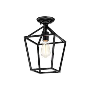 8.5 in. 1-Light Matte Black Farmhouse Semi-Flush Mount Ceiling Light with Caged Metal Shade