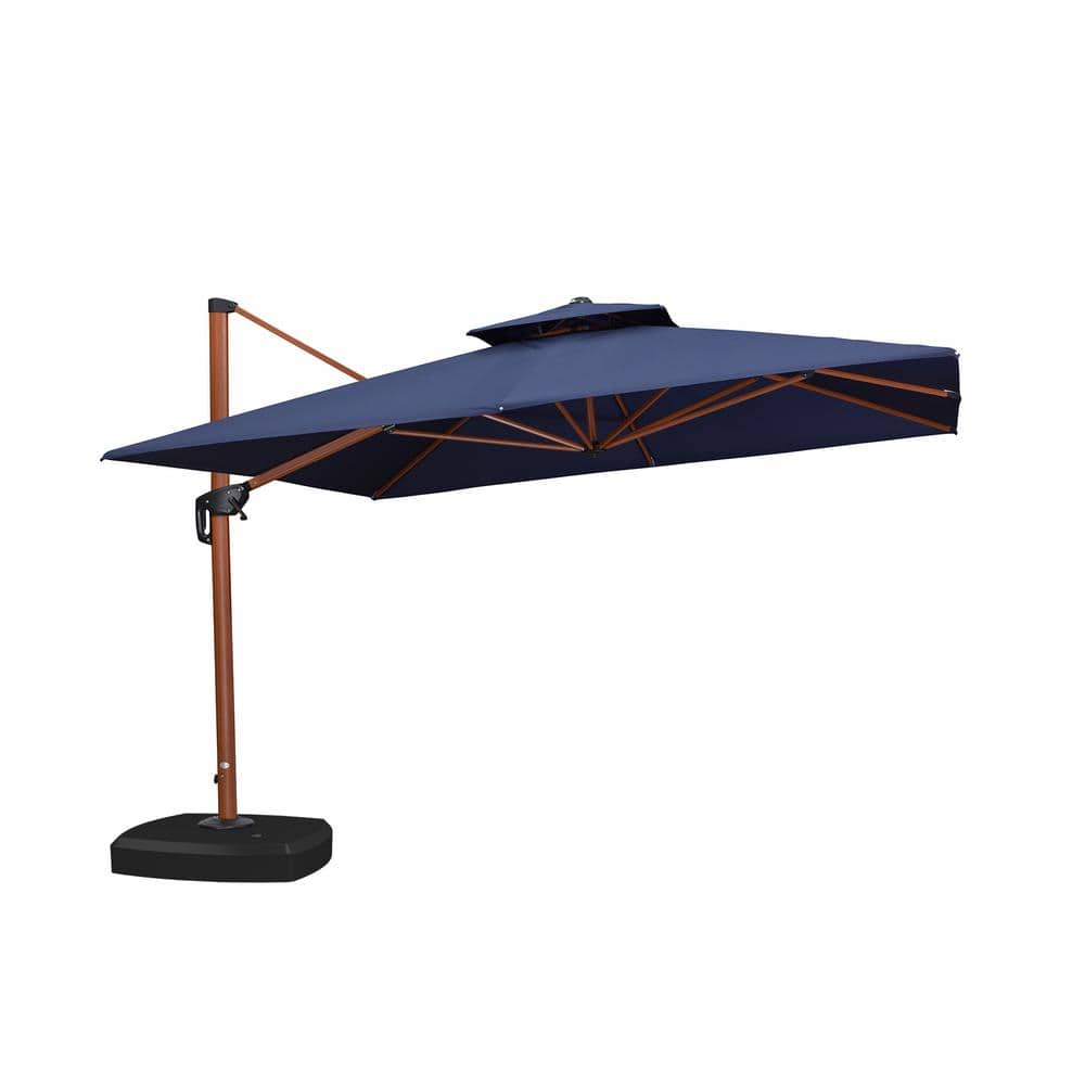 Navy Blue 11' Square Cantilever Patio Umbrella with Wood Grain Frame