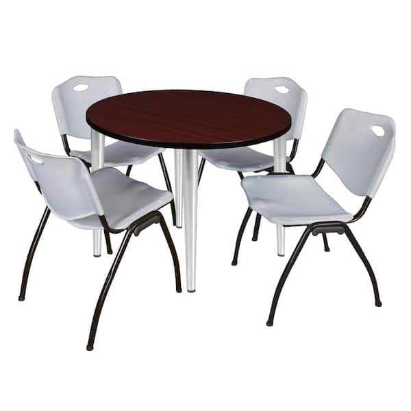 Regency Trueno 36 in. Round Mahogany and Chrome Wood Breakroom Table and 4-Grey 'M' Stack Chairs (Seats-4)
