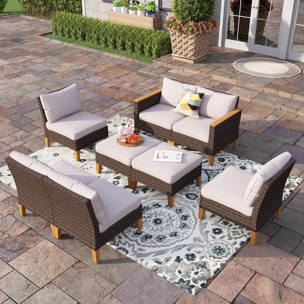 PHI VILLA Brown Wicker Rattan 8 Seat 8-Piece Steel Outdoor Patio Conversation Set with Beige Cushions and 2 Ottomans