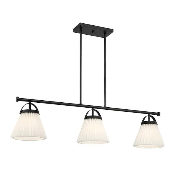 TUXEDO PARK LIGHTING 8 in. W x 10in. H 3-Light Matte Black Scandinavian Linear Chandelier with White Knife Pleated Fabric Shades