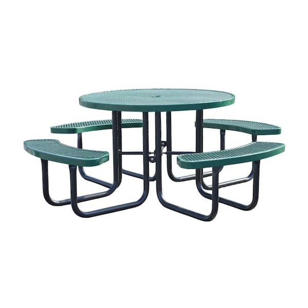 Outdoor 79 in. Thermoplastic Coated Round Steel Picnic Tables 8-Person with Umbrella Hole, Patio Dining Table, Green
