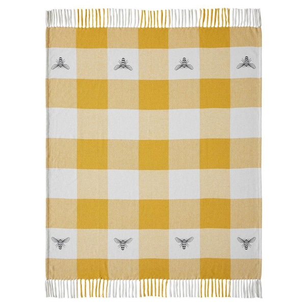 Buzzy Bees Vintage Yellow Antique White Storm Grey Checkered Woven 50 in. x 60 in. Cotton Blend Throw Blanket
