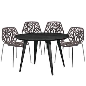 Ravenna 5-Piece Dining Set with 4-Stackable Plastic Chairs and Round Table with Metal Base, Taupe