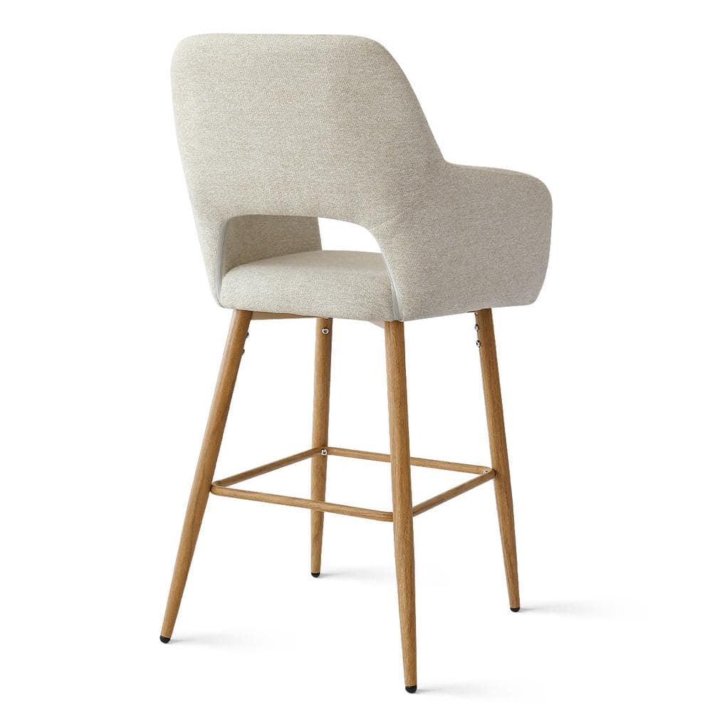 Beige Upholstered Counter Stools with Oak Legs, Set of 2