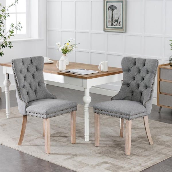 Noble House Jilla Gray Modern Upholstered Button-Tufted Dining Chairs with Nailhead Trim, Rubberwood Legs, Set of 2